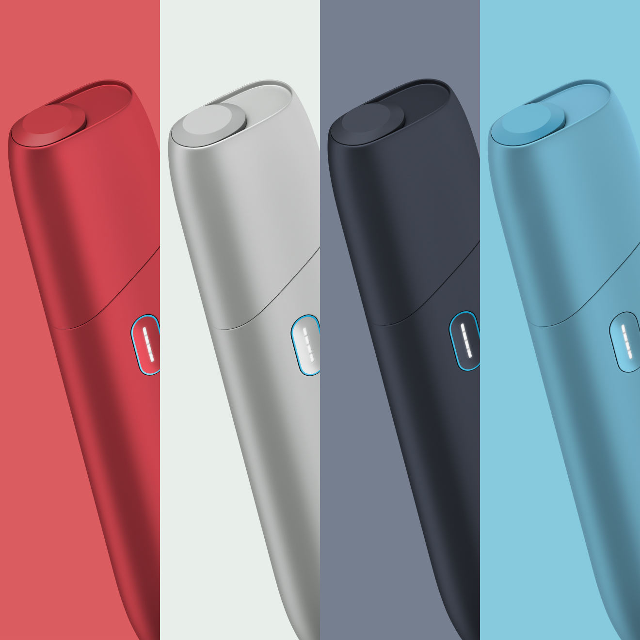 IQOS Originals One en los 4 colores, turquesa, rojo, plateado y negro.